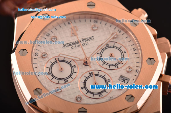 Audemars Piguet Royal Oak Chronograph Miyota OS20 Quartz Rose Gold Case with Brown Leather Strap White Dial and Dimond Markers - Click Image to Close